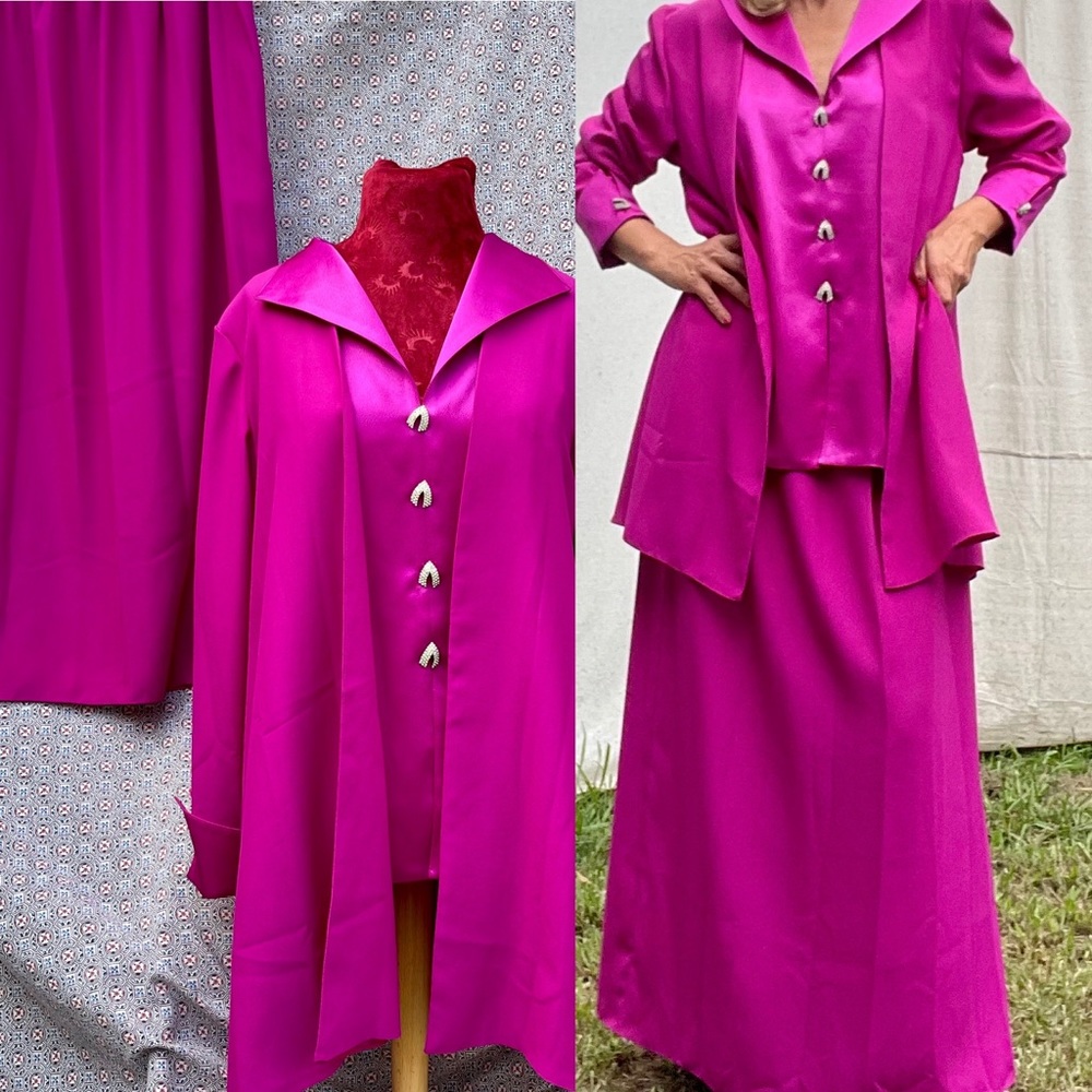 VTG PINK SATIN 3 Piece SUIT JACKET SKIRT & VEST RHINESTONES Dance Party